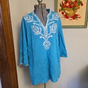 Chicos Turquoise Sequin Embroidered Cotton Blouse